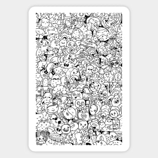 full doodle cute creatures illustration black and white design by shoosh Magnet